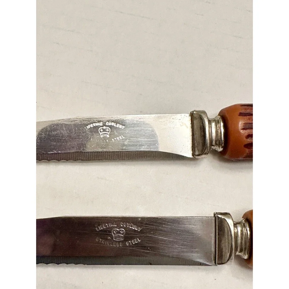 2 Vtg Steak Knives Faux Stag Antler Horn Handle Lifetime Cutlery Stainless Steel - Picture 6 of 7